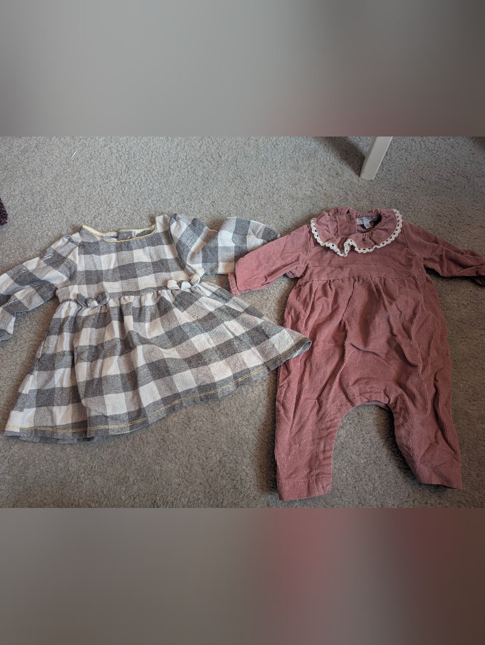 Mud Pie Buffalo Plaid Front Bow Dress AND Maison Me pink romper (3-6m)